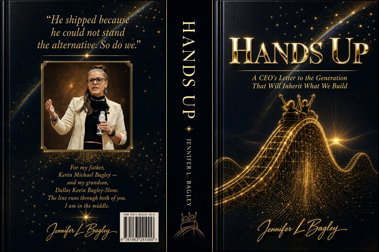 Hands Up full jacket spread — back cover with Jennifer L. Bagley's author photo, gold roller-coaster spine, and midnight-navy front cover