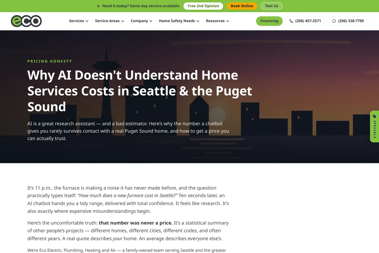 Eco Electric, Plumbing, Heating & Air — Why AI Doesn't Know Home Services Pricing component, built by CI Web Group