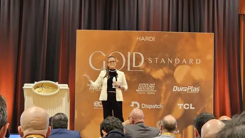 Jennifer Bagley speaking on the HARDI 2025 Gold Standard stage